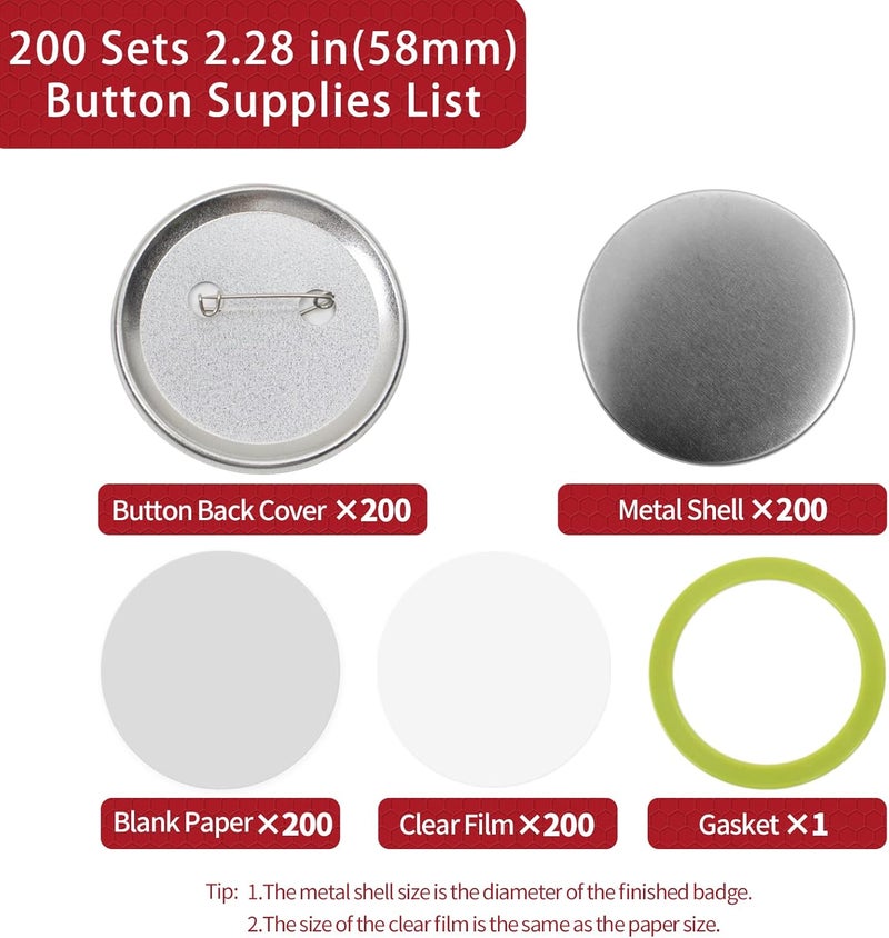 Onemorello 200 Sets Button Maker Supplies, 58mm / 2.28 inch Button Supplies Buttons Parts, (Approx. 2.25 inch) Metal Blank Badge Parts with Blank Paper for Buttons Maker Machine Pin Maker Press - Image 2